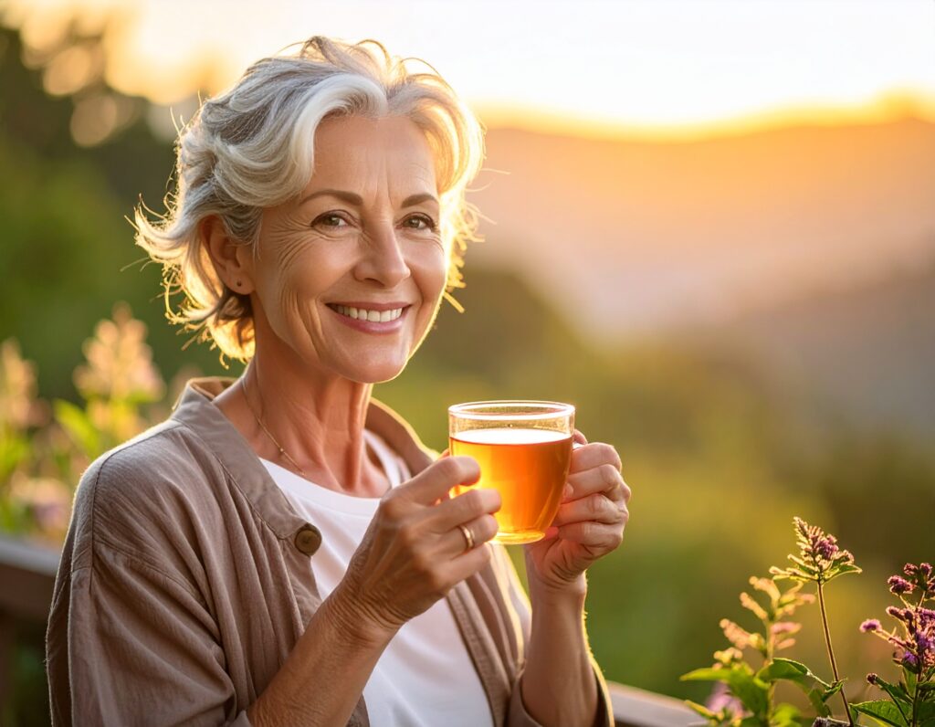 Donna sorridente gusta una tisana di erbe officinali al tramonto — Erboristeria Ippocrate