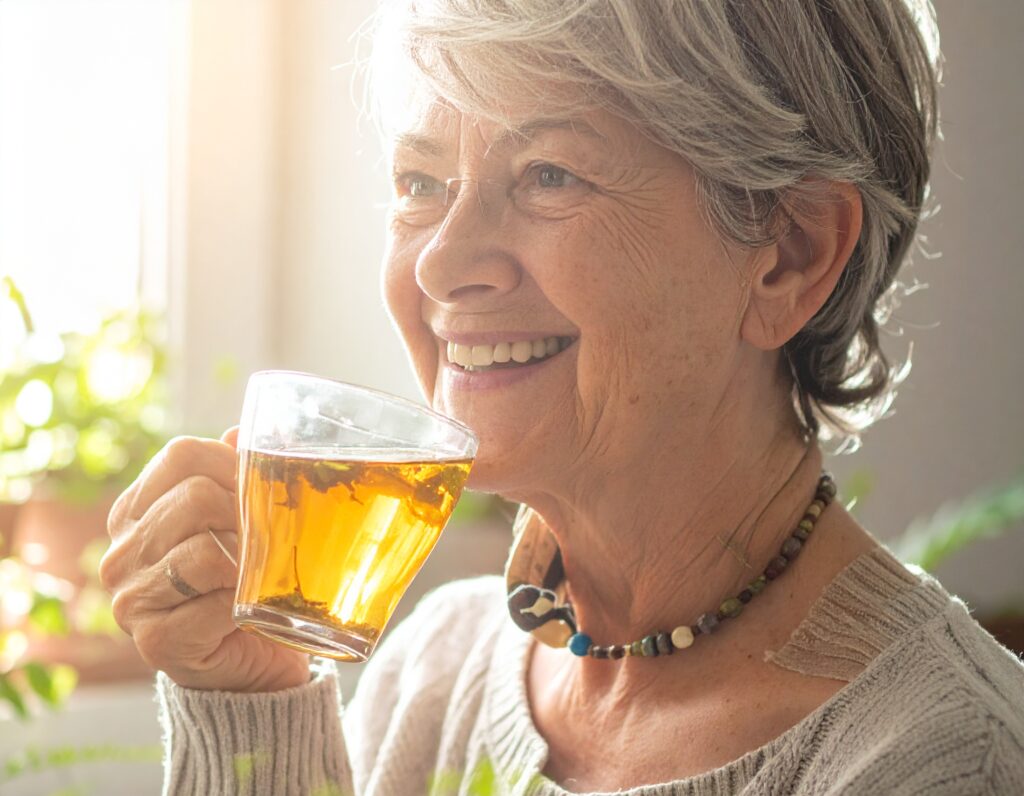 Donna sorseggia una tisana di erbe officinali nella luce del tramonto — consulto naturopatico Erboristeria Ippocrate